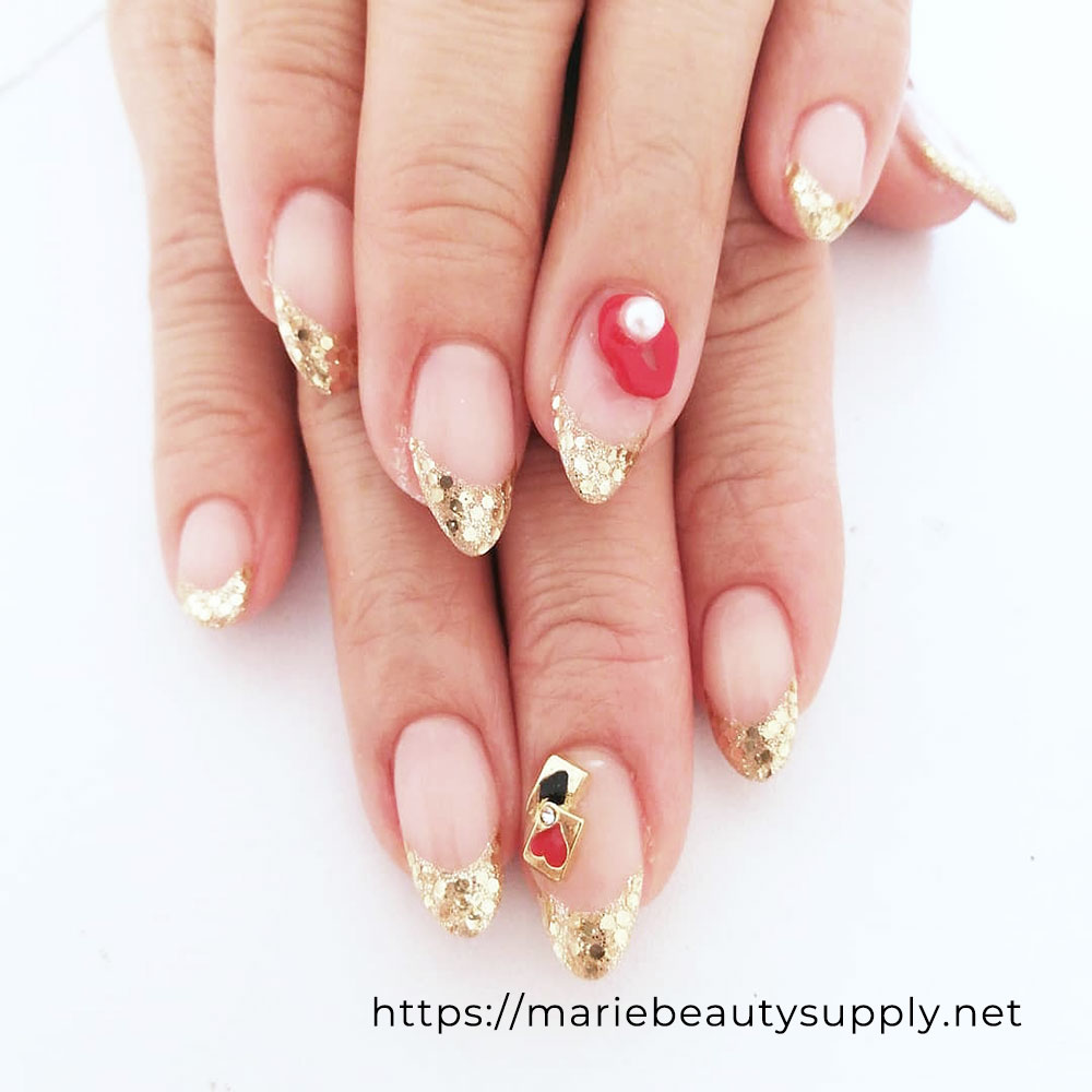 High Class Gold French Nails with Red Lips. Nail Art Gallery by MARIE BEAUTY SUPPLY.
