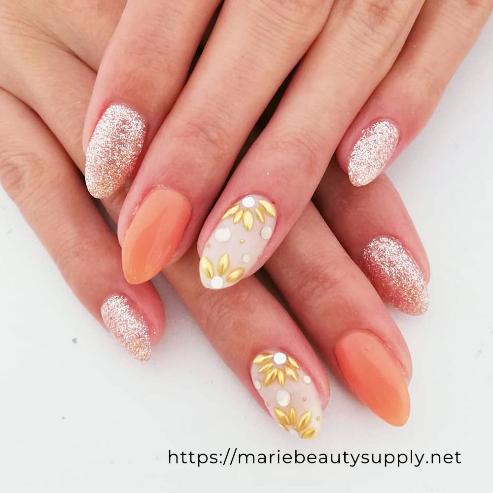 Springy and Warm Studded Flower Design. Nail Art Gallery by MARIE BEAUTY SUPPLY.