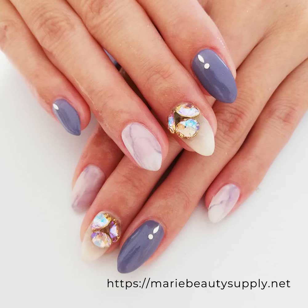 Smoky Marble-Style Nails with Large SWAROVSKI Stones. Nail Art Gallery by MARIE BEAUTY SUPPLY.