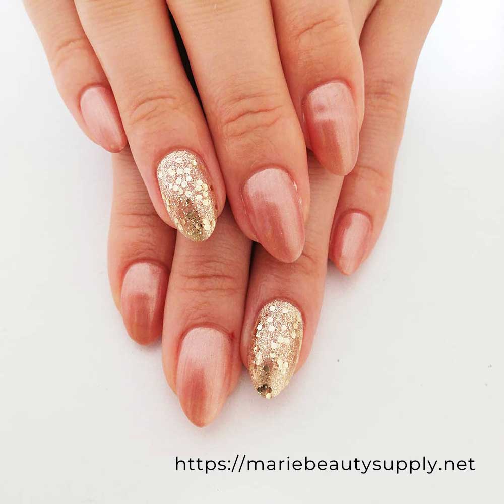 Pearly Brown with Gold Hologram Glitter Gel. Nail Art Gallery by MARIE BEAUTY SUPPLY.