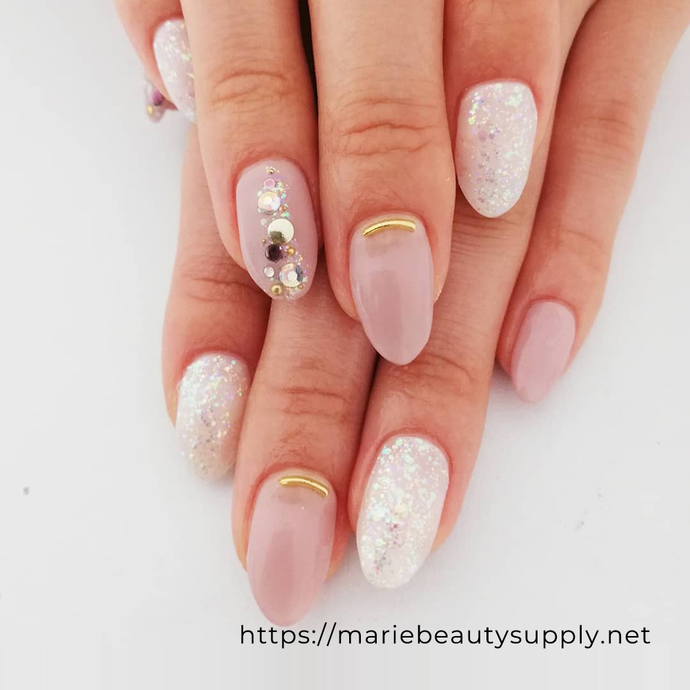 Pretty in Light Pink and Shimmer. Nail Art Gallery by MARIE BEAUTY SUPPLY.