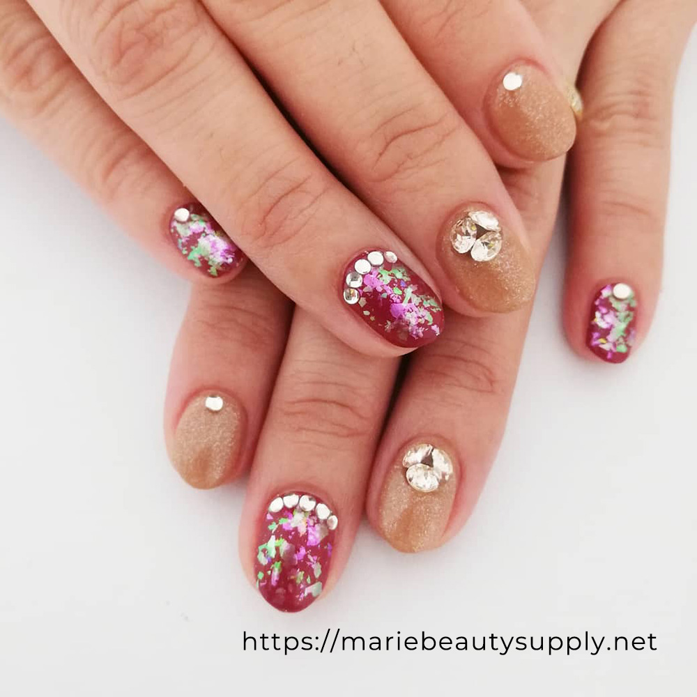 The Perfect Red and Caramel with Glitter and Flakes. Nail Art Gallery by MARIE BEAUTY SUPPLY.