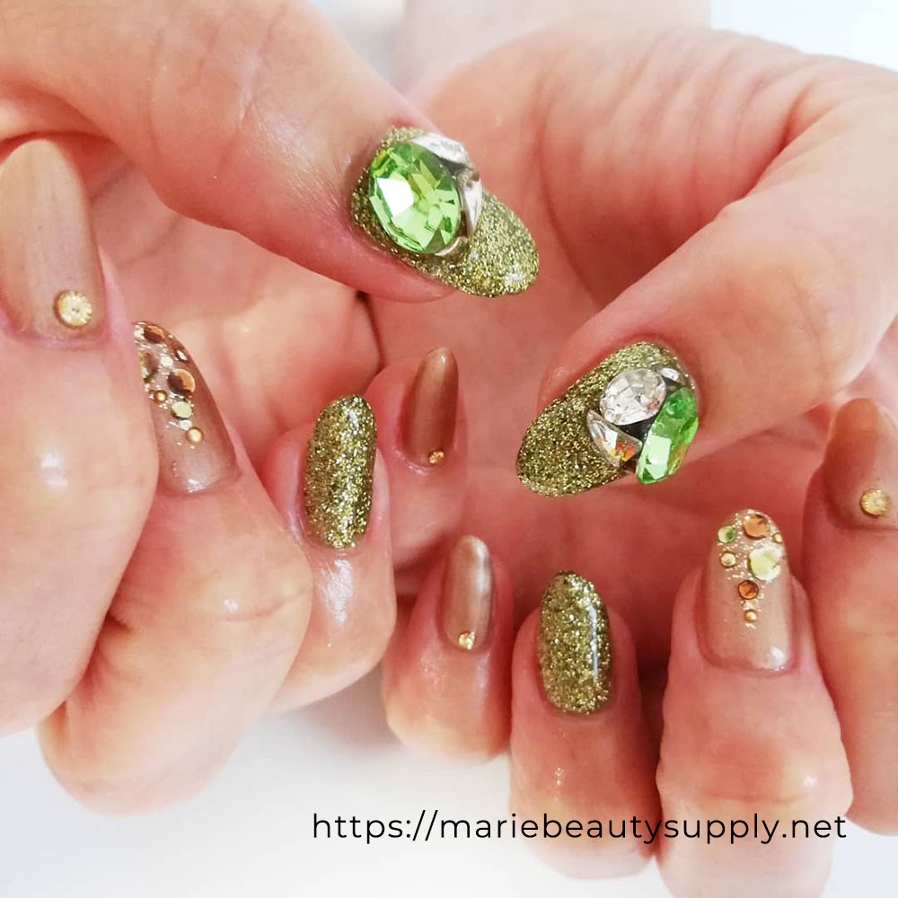Green and Brown Shimmers with V-Cut Stones. Nail Art Gallery by MARIE BEAUTY SUPPLY.