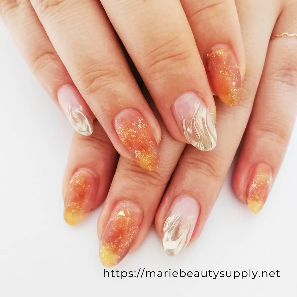 Quite Orange Shimmery Shark Nails. Nail Art Gallery by MARIE BEAUTY SUPPLY.