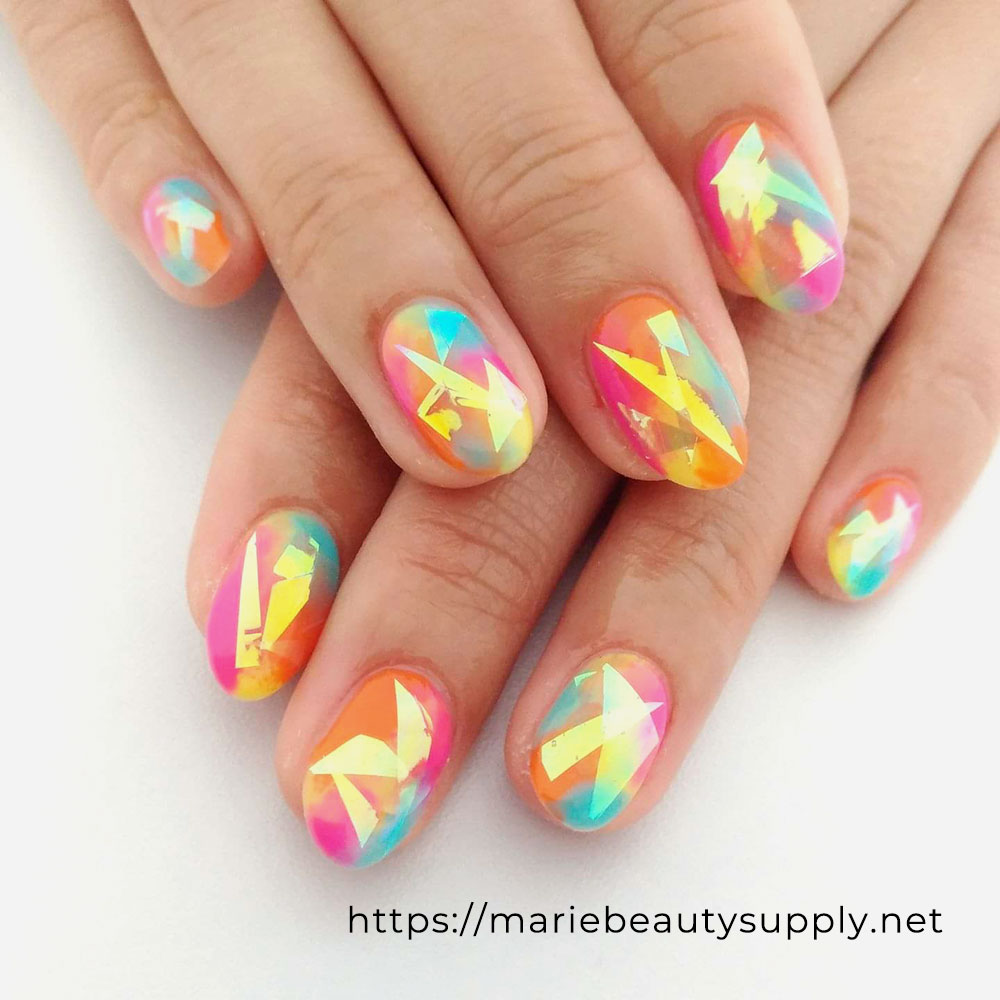 Trendy Summer Nails with Film and Bright Colors. Nail Art Design Gallery. Nail Art Gallery by MARIE BEAUTY SUPPLY.