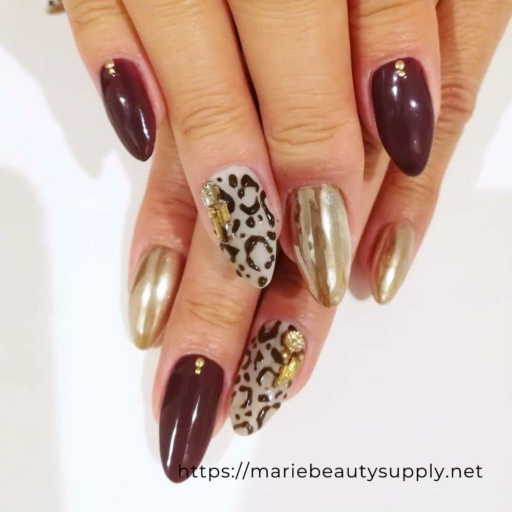 Leopard Nails with a Combination of Mirror, Matte, and Glossy Gel. Nail Art Gallery by MARIE BEAUTY SUPPLY