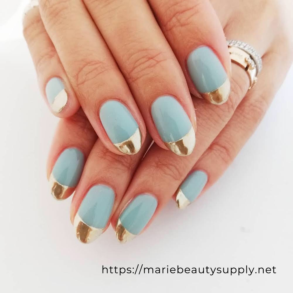 Mirror French with Blue and Gray Base. Nail Art Gallery by MARIE BEAUTY SUPPLY