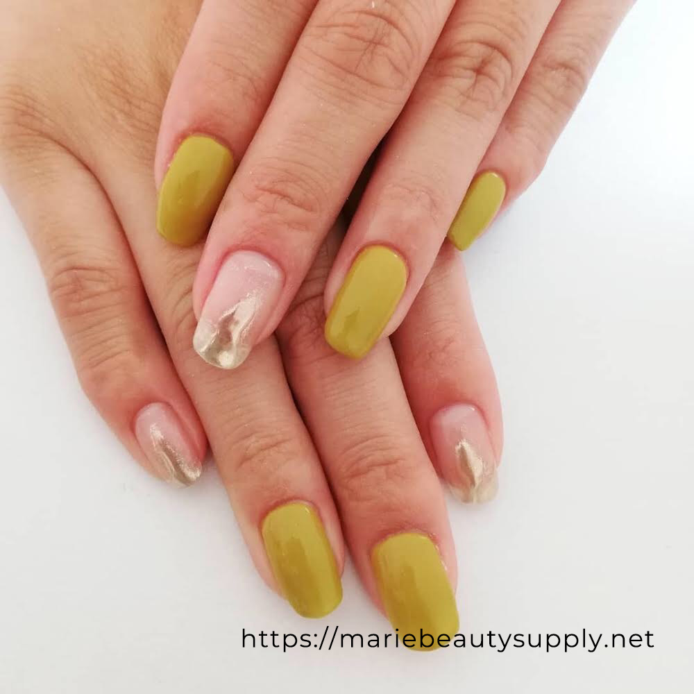 3D Mirror Nail with Mustard Color. Nail Art Gallery by MARIE BEAUTY SUPPLY