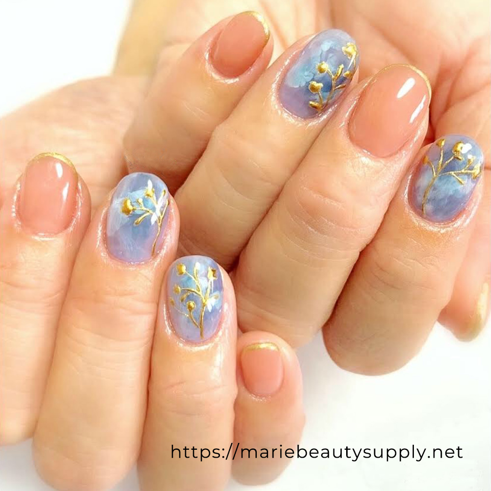 Sheer blue marble with metal liquid for flower art.