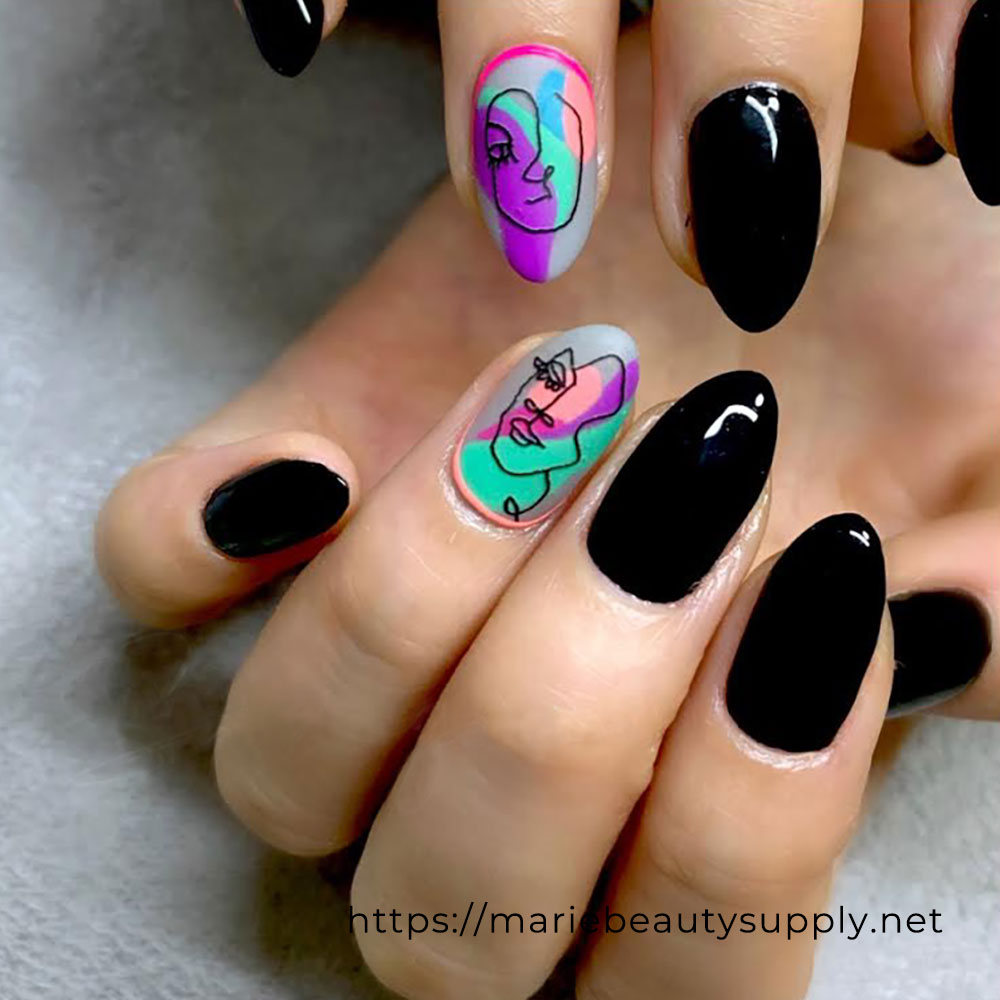 Glossy Black Nails with Accented Designs.
