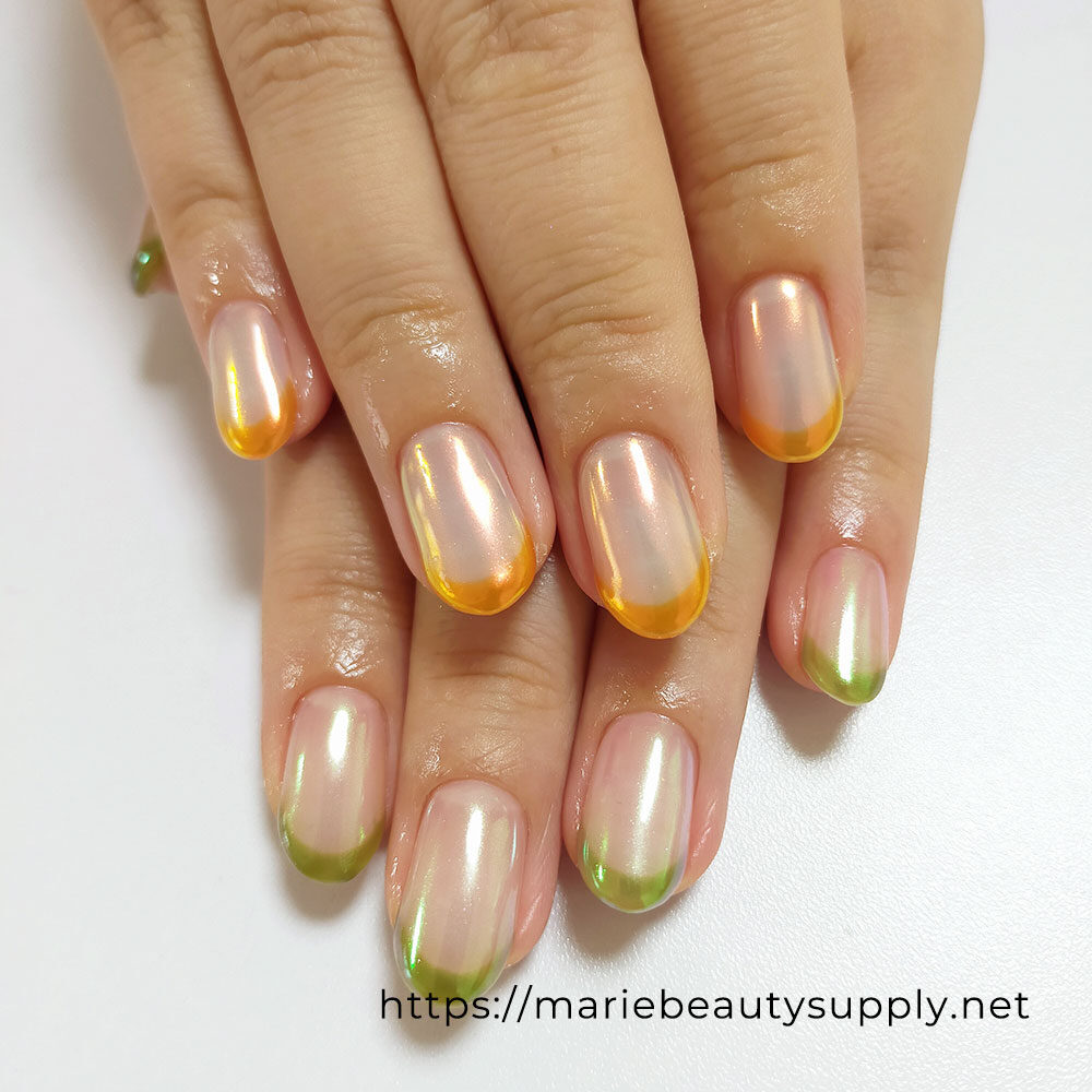 Simple design nail with clear color French x Aurora mirror