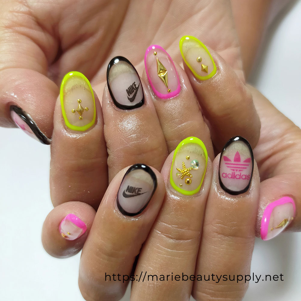Nail surrounded by clear base neon color