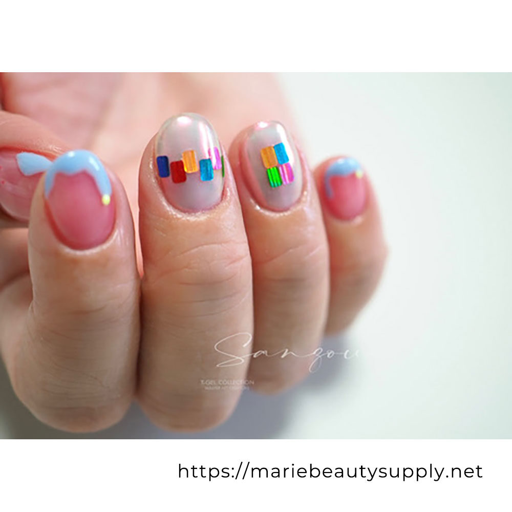 It is a design that mixed several hologram design. French Nail with sheer base color and matte color.